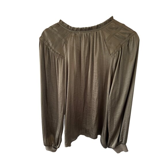Philosophy Olive Tie Neck Blouse Sz M Long Sleeve Pleated Shoulder Office Career - Picture 5 of 6